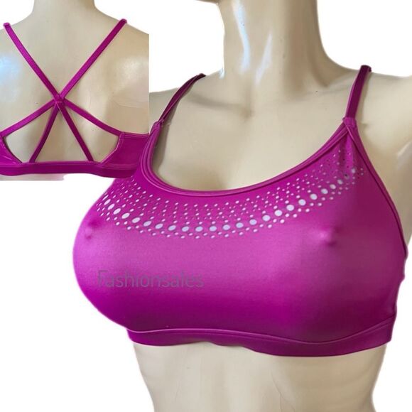 Victorias Secret Wet Look Sexy Strappy Unlined Laser cut Sport Bra magenta Large - Picture 3 of 4